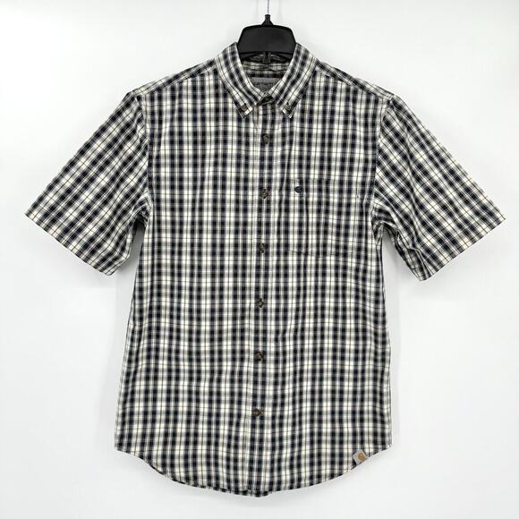 Carhartt Shirt Men's Medium Outdoor Button Up Short Sleeve Plaid Logo Pocket - Picture 1 of 8